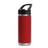 A drink bottle in red with a stainless steel base and a sipper handle lid, featuring a logo.