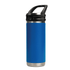 A drink bottle in blue with a stainless steel base and a black sipper handle lid, featuring a logo.