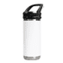 A drink bottle in silver and white with a sipper handle lid and a logo on the side.