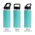 A drink bottle featured in three styles: a straw handle lid, a Tritan lid, and a sipper handle lid, all in turquoise.