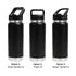 A drink bottle in matte black with three lid options: straw handle, Tritan, and sipper handle. Features a metallic base.