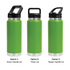 A drink bottle trio in vibrant green, featuring three different lid options: straw handle, Tritan, and sipper handle.