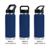 A drink bottle in navy blue with three lid options: Straw Handle, Tritan, and Sipper Handle, featuring a silver base.