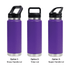 A drink bottle in purple features three lid options: straw handle lid, Tritan lid, and sipper handle lid.