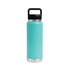 A drink bottle in a turquoise colour with a stainless steel base and a black lid featuring a handle.