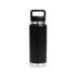 A drink bottle featuring a black body, stainless steel base, and a Tritan lid with a handle. It has a logo.