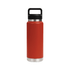 A drink bottle in red with a black Tritan lid and a stainless steel base. It features a handle and a logo.