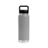 A drink bottle in grey with a black lid and a stainless steel base, featuring a handle and a branding logo.