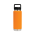 A drink bottle in orange with a stainless steel base and a black Tritan lid. It features a sturdy handle and a logo.