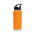 A drink bottle in bright orange with a stainless steel base and a sipper handle lid. It features a logo.