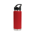 A drink bottle in red with a silver base, featuring a sipper handle lid and a logo.