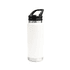 A drink bottle in white with a black sipper handle lid and a silver base, featuring a logo.