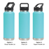 A drink bottle in light blue with three lid options: straw handle, Tritan lid, and sipper handle. Features a logo.