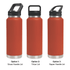 A drink bottle in vibrant orange with three different lid options: straw handle, Tritan lid, and sipper handle.