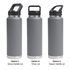 A drink bottle in grey featuring three lid options: Straw Handle Lid, Tritan Lid, and Sipper Handle Lid.