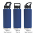 A drink bottle in blue, featuring three lid options: straw handle, Tritan lid, and sipper handle. Equipped with a logo.