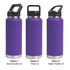 A drink bottle in purple, featuring three different lid options: straw handle, Tritan lid, and sipper handle.