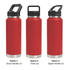 A drink bottle in red, featuring three different lid options: straw handle, Tritan, and sipper handle.