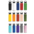 A drink bottle collection featuring 16 vacuum bottles in various colours, each with a stainless steel base and a lid.