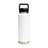 A drink bottle in white with a stainless steel base and a black Tritan lid. Features a handle and branding.