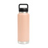 A drink bottle in pink with a stainless steel base and a black lid, featuring a handle and a logo.