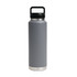 A drink bottle in grey with a stainless steel base and a black Tritan lid, featuring a handle for easy carrying.