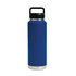 A drink bottle in a vibrant blue colour with a stainless steel base and a black Tritan lid. It features a logo.