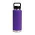 A drink bottle in vibrant purple with a stainless steel base and a black lid featuring a handle.