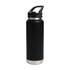 A drink bottle featuring a sleek black design with a stainless steel base and a sipper handle lid. It has a logo.