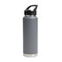 A drink bottle in matte grey with a sipper handle lid and stainless steel base, featuring a logo.