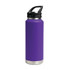 A drink bottle in purple with a silver base, featuring a sipper handle lid and a logo.