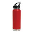 A drink bottle in bright red with a stainless steel base and a sipper handle lid. Features a logo.