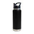 A drink bottle in matte black with a stainless steel base and a sipper handle lid. It features a branding logo.