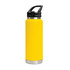A drink bottle in bright yellow, featuring a sipper handle lid and a stainless steel base. It includes a logo.