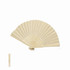 A bamboo hand fan, featuring a natural beige colour with intricate cut-out designs, folded open and displayed.