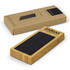 A bamboo solar power bank in earthy tones, presented in a cardboard box featuring a logo.