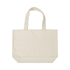 A beige tote bag with two sturdy handles and a simple design. It features a logo on one side.