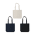 Classic tote bags in cream, navy, and black, featuring sturdy handles and a simple design. Each bag has a logo.