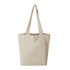 A beige tote bag with long handles and a plain design, featuring a logo on one side.