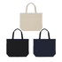 A tote bag featuring three pockets is displayed in beige, black, and navy blue. The bag has handles and a logo.