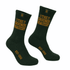 A pair of dark green crew socks featuring yellow text and a logo. Suitable for casual wear.