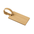 A bamboo luggage tag in a natural finish with a beige strap, featuring a minimalist design and a logo.