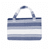 A foldable beach towel bag in blue and white stripes, featuring sturdy handles and a spacious design.