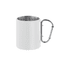 A white thermo mug with a metal handle featuring a carabiner attachment.