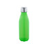 A drink bottle in vibrant green with a silver stainless steel lid and a sleek, curved design. It features a logo.