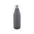 A drink bottle in grey with a silver metallic cap and a logo on the side.