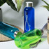 A drink bottle collection featuring blue, green, and turquoise bottles with silver caps and straps.