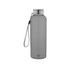 A drink bottle in a sleek grey design with a metal cap and a strap for easy carrying. Features a logo.