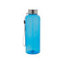 A drink bottle in bright blue with a stainless steel lid and a carrying strap, featuring a logo.