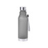 A drink bottle in matte grey with a silver cap and a wrist strap, featuring a logo on the side.